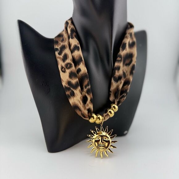 Anthropologie Jewelry - Leopard Print Scarf Necklace with Gold Sun Pendant – Bold, Glamorous & U…